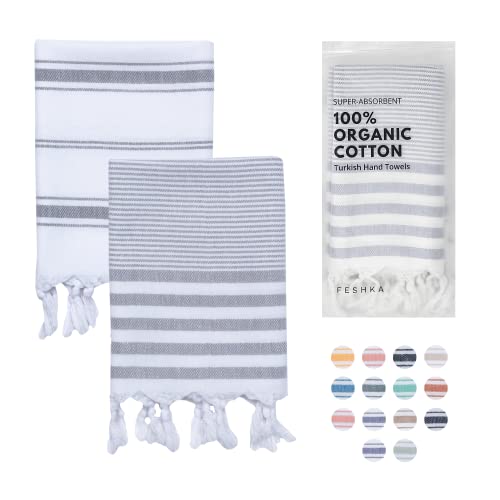 Feshka Turkish Hand Towels Set Of 2-100% Organic Cotton, 18X32 Prewashed Super Absorbent Peshtemal Towel For Hand, Kitchen, Face, Hair, Gym, Dishcloth, Yoga, Tea, Farmhouse Boho Decor (Gray) #TOP13