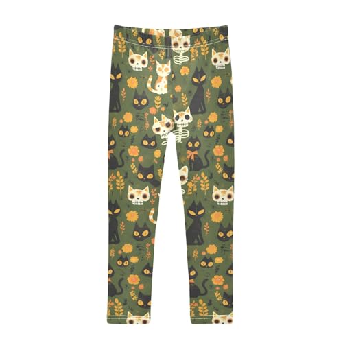 KLL Skeleton Cats Flowers Happy Halloween Moss Green Toddler Baby Girl Basic Leggings Stretchy Full Length Activewear