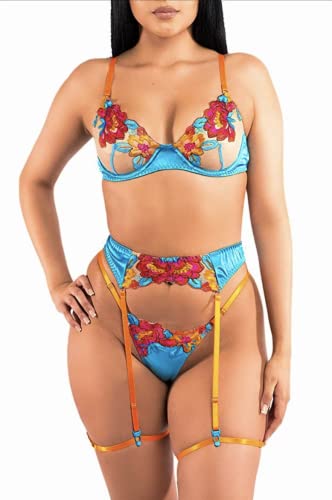 Women’s Floral Satin Embroidered Sexy Silk Vibrant Floral Mesh 4-Piece Leg Garter Lingerie Set - Image 4