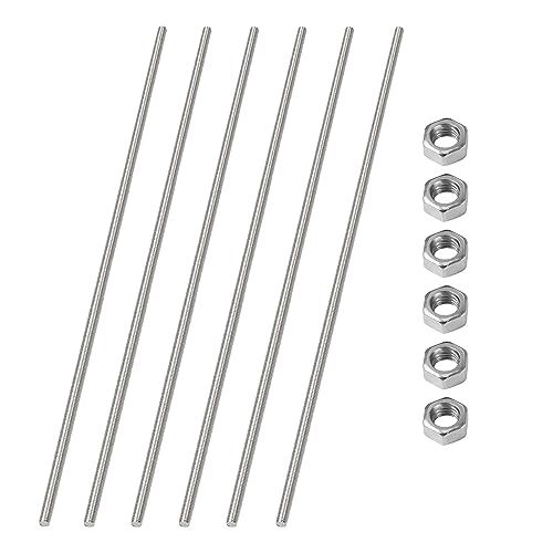 HiPicco M4 x 350mm/14-Inch Fully Threaded Rod & Studs, 304 Stainless Steel Right Hand Threads Rods, M4-0.7 Thread Pitch for Beaded Garden Stake Rods 6 Pack【with Nuts】