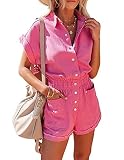 COWOKA Women's Casual Short Sleeve Loose Cotton Jumpsuit Elastic Waist Button Down Pocketed Romper S
