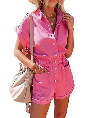 Cowoka Women's Casual Short Sleeve Loose Cotton Jumpsuit Elastic Waist Button Down Pocketed Romper Shorts Pink L #TOP15