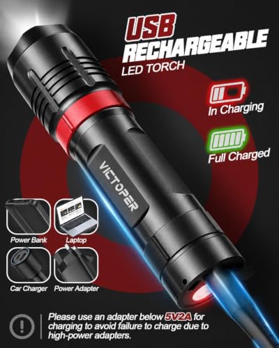 Victoper 2026 Upgraded Rechargeable Flashlight 2 Pack, High Lumens 5 Modes LED Small Tactical Flashlights, Waterproof Zoomable Mini Pocket Flash Light for Outdoor Camping, EDC Birthday Gifts for Men - image 5