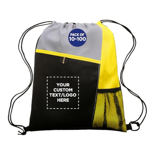 DISCOUNT PROMOS Custom Non-Woven Drawstring Backpacks Set of 10/50/100, Personalized Bulk Pack - Travel, Gym, Everyday Use - Yellow