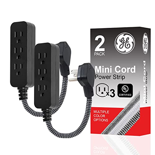 GE 3-Outlet Power Strip Mini Extension Cord with Multiple Outlets 5 Inch Braided Short Cord Extension Cord Grounded Flat Plug Extension Cord ETL Listed 2 Pack Black 53240