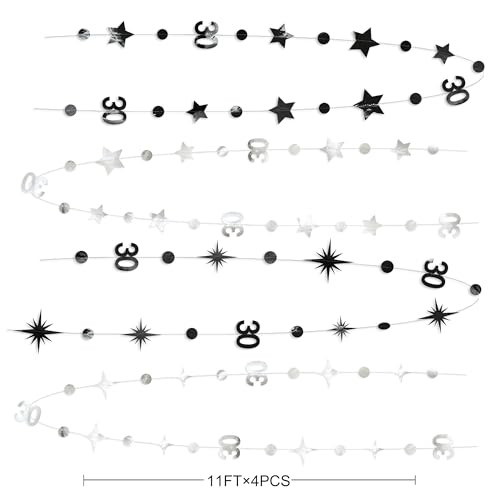 Guirnalda de estrellas centelleantes negro plateado fondo de cumpleaños 30 para hombres y mujeres 3