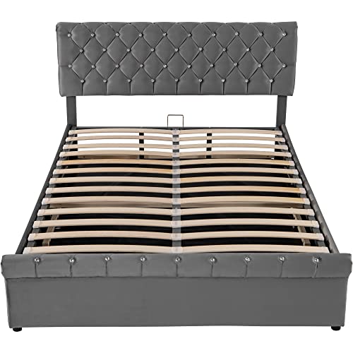 Moimhear Doppelbett 140 x 200cm, Polsterbett, Hydraulisches Funktionsbett, Samt, Continentalbett, Kristall Schnalle, Höhenverstellbares Kopfteil, Grau (140x200cm)