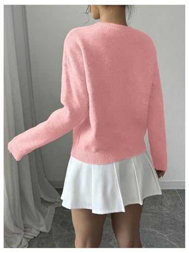 Image of Verdusa Women's Spring 3D Flower Appliques Crewneck Sweaters Long Sleeve Drop Shoulder Pullovers Knit Going Out Tops