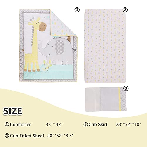 Honkaii Crib Bedding Set For Boys Girls 3-Piece, Grey Elephant Baby Nursery Set, Safari Theme Crib Set, 100% Cotton Crib Sheet, Crib Skirt, Crib Comforter Included, Baby Boy Nursery Decor #TOP4