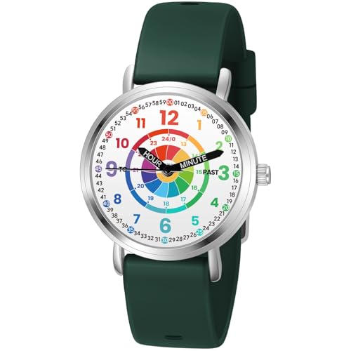 Montre heure facile à lire pour enfant, cadran cible fléchettes pédagogique et ludique vert