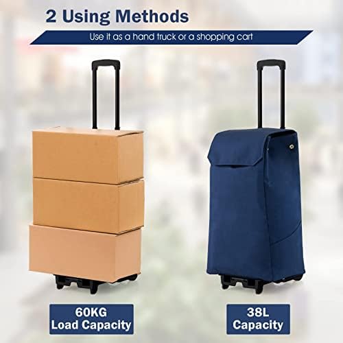 TANGZON Folding Shopping Trolley on Noiseless Wheels, 2 in 1 Lightweight Push Pull Carts with Detachable Waterproof Bag & Telescopic Handle, Grocery Trolley/Hand Truck, Max Capacity 60kg/38L (Blue)