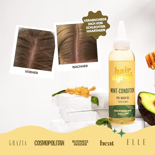 Hair Syrup Mint Condition Pre-Wash olejek do włosów z miętą i drzewem herbacianym | do suchej i swędzącej skóry głowy | chłodzący i uspokajający | wegański i w 100% naturalny | 300 ml