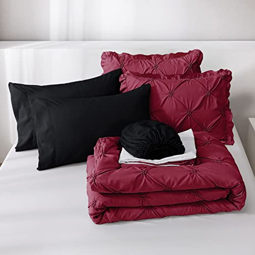 JOLLYVOGUE Burgundy Twin Size Comforter Sets 5 Pieces, Pintuck Bed in a Bag Comforter Set for Bedroom, Bedding Comforter Sets with Comforter, Sheets,Ruffled Shams & Pillowcases