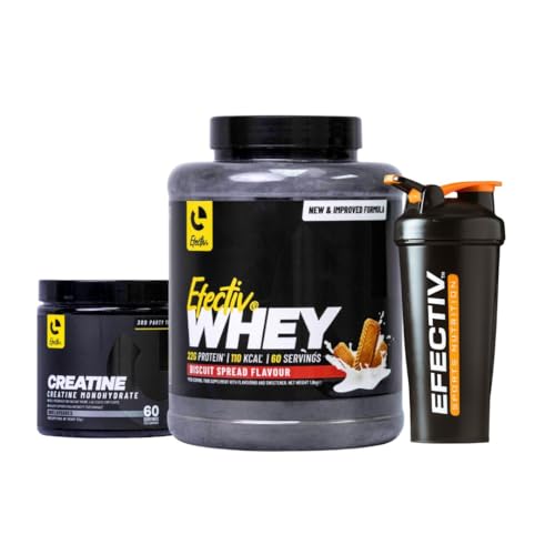EFECTIV Protein Bundle - 1.8kg Protein Powder, 300g Creatine Monohydrate & Shaker Bottle - 22g Protein Per Serving, Supports Recovery, Whey Nutrition Protein (1.8kg, Biscuit Spread)