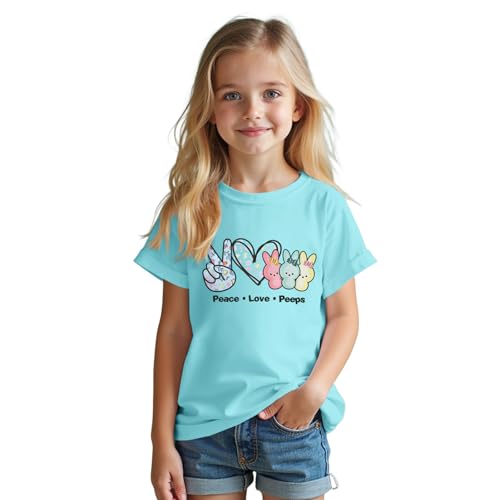 Image of SOFEON Kids Girls Easter Shirt Bunny Peace Love Peeps T-Shirt Cute Funny Rabbit Graphic Tees Short Sleeve Casual Tops