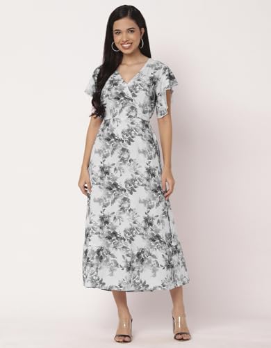 Image of Moomaya Women's Printed Dress, V-Neck, Short Sleeves, Ruffled Midi Summer Dress