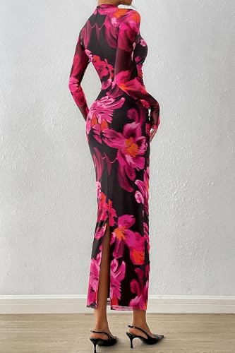 Image of PRETTYGARDEN Long Sleeve Maxi Dresses for Women Wedding Guest Fall Outfits | Ruched Bodycon Dress Long, Floral Mesh, Date Night, Formal Cocktail Party, Homecoming Holiday Dresses