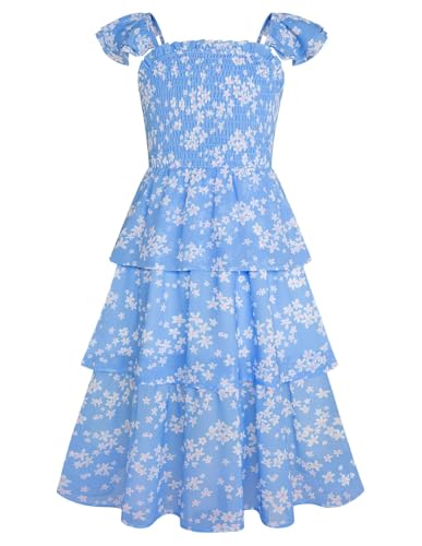 GRACE KARIN Girls Floral Smock Dress Flutter Sleeves Flowing Tiered Layers Spring Summer Midi Holiday Boho Dresses 5-12Y