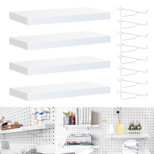 Pegboard Shelves, 4 Pack Pegboard Shelf Brackets with Metal Pegboard Hooks, Heavy Duty Peg Board Shelf Pegboard Book Shelf, Pegboard Accessories for Craft Room, Office, Garage