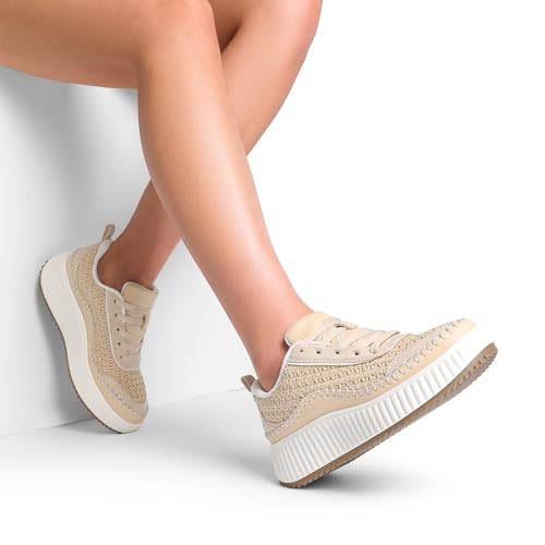 DREAM PAIRS Women Chunky City Tweed Comfortable Casual Platform Fashion Sneaker,Size 5,Apricot-Knit,SDFN2379W