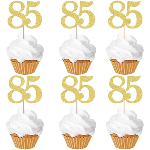 Rsstarxi 36 Pack Number 85 Cupcake Toppers Gold Glitter Cheers to 85 Years Birthday Cupcake Picks Decoration for Happy 85th Birthday Wedding Anniversary Party Cake Decorations