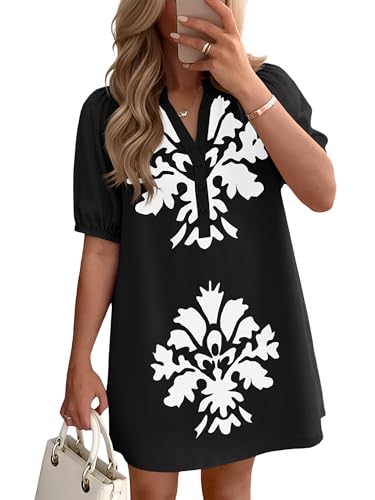 Image of Wenrine Womens Puff Short Sleeve Mini Dress Summer Floral Print Button V Neck Loose Casual Shift Dresses with Pockets