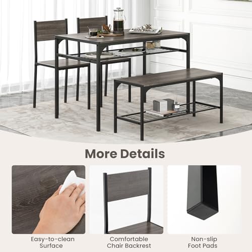 Image of Giantex Dining Table Set for 4, Kitchen Table with Chairs & Bench, Storage Racks, Metal Frame, 4-Piece Space-Saving Dinette Set for Dining Room, Breakfast Nook, Small Space, Apartment, Grey