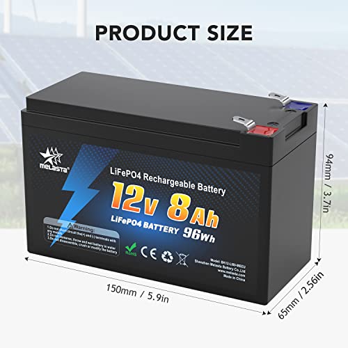 melasta 12V 8Ah LiFePO4 Batterie,BMS Schutz, wiederaufladbar 2000 Zyklen Deep Cycle Lithium Akku,Lithiumbatterie, Perfekter Ersatz für Blei-Säure Batterien für Wohnwagen, Camping, Solaranlage, Boote