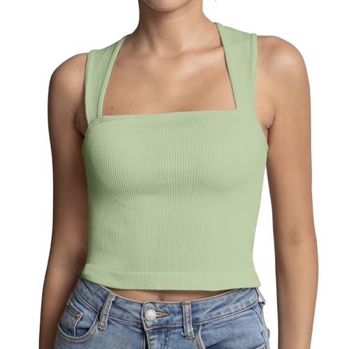Image of Nabawa Women's Square Neck Going Out Crop Top Workout Fitness Tank Top Casual Cute Crop Cami，Green S