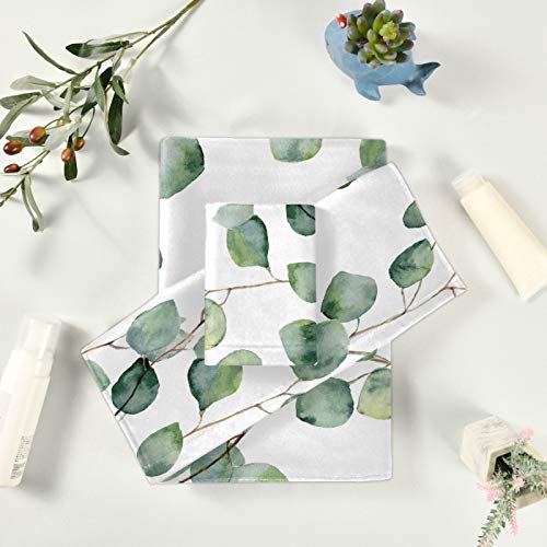 Oyihfvs Watercolor Eucalyptus Round Leaves Branches Seamless Set Of 3 Highly Soft Absorbent Towels, 1 Bath Towel, 1 Hand Towel, 1 Face Washcloth Print For Spa Bathroom Hotel Kitchen Beach Gym #TOP5
