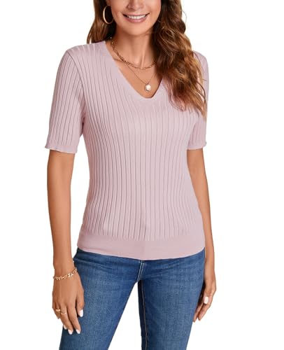 Image of Women Summer Knit Shirt Blouse V Neck Short Sleeve Pullover Sweater Tops
