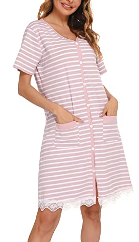Vlazom Button Down Nightgown For Women Striped Cotton Sleepwear Short Sleeve Relaxed Maternity Shirt Dress With Pockets #TOP1
