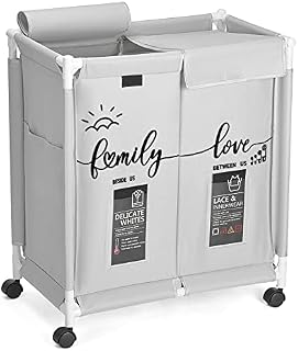 Hivexagon 2 Section Laundry Basket with Lid, Laundry Hamper, Laundry Sorter, 110L Large Oxford Clothes Laundry Sorter with Rolling Wheels, Lid and Sorting Cards for Clothes & Toys Storage Light Gray