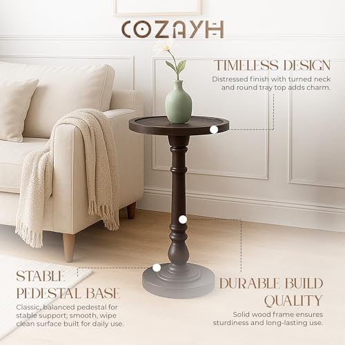 COZAYH Traditional Rustic Pedestal Table, Round Tray Top End Table with Farmhouse Style Distressed Finish for Small Spaces, Espresso