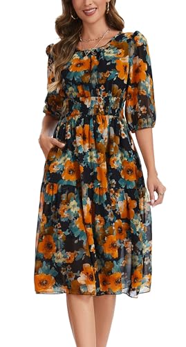 Image of Kormei Women Casual Boho Floral Round Neck 3 /4 Sleeve Smocked Waist Tiered A Line Flowy Swing Midi Dress Long Dresses