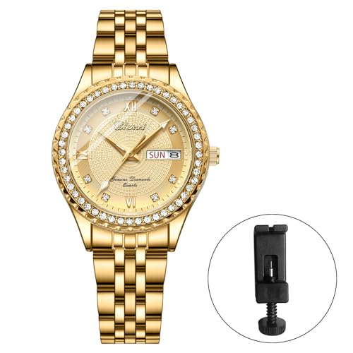 Image of JewelryWe Couple Gold Quartz Watch: Business Analog Full Diamond Day Date 3ATM Waterproof Luminous Hands Stainless Steel Removable Strap Casual Wrist Watch for Father's Day