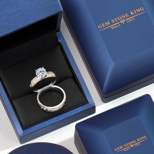 Gem Stone King 2.30 Cttw Two Tones Cubic Zirconia CZ 2 Piece Engagement Wedding Ring and Band Set for Women | Center 7MM | Band Width 1.25MM | Available In Size 6, 7, 8, 93