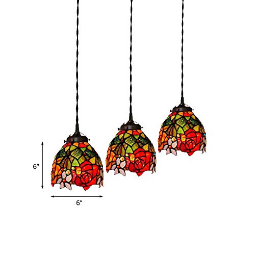 Xindar Pendant Light, 3 Head Bowl Down Lighting Pendant Dragonfly Stained Glass Tiffany Hanging Light Kit (Red) #TOP4