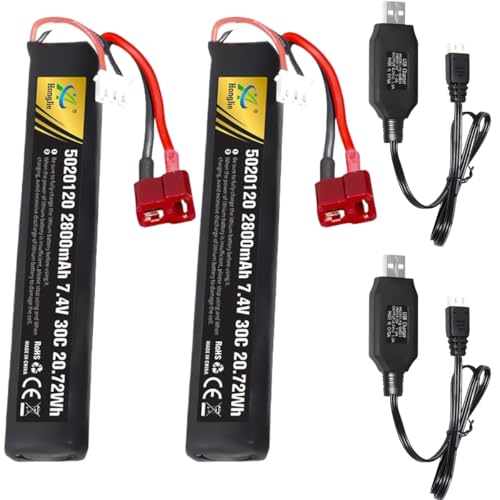 ERYNK 2 Pack 7.4V 2800mAh 5020120 30C for Soft Gun Toy,Electric Soft Gun,Water Gun Toys,Airplane Toys,FPV UAV Remote,RC Cars,RC Boat,RC Truck Rechargeable Li-ion Battery T Connector with USB