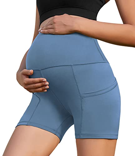 Xpenyo Women Maternity Yoga Shorts Pregnancy High Waisted Over Belly Workout Running Active Athletic Shorts Denim Blue, M #TOP1