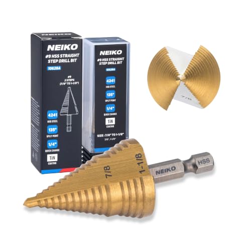 Image of NEIKO 10628A Step Drill Bit, 2 Steps 7 /8 inch to 1-1 /8 inch Straight High Speed Steel, Titanium Nitride Coated, 1 /4 inch Quick Change Step Bits for Steel, Metal, Wood, Plastic, Unibit Cone Drill Bits, Two Flute