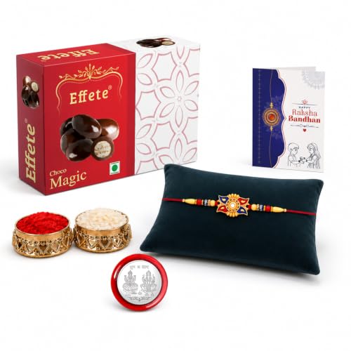 Image of DeoDap Rakhi Gift Hamper for Brother | Traditional Designer Rakhi with Crispy Choco Bites, Roli Chawal, Shagun Coin & Greeting Card | Raksha Bandhan Gift Combo