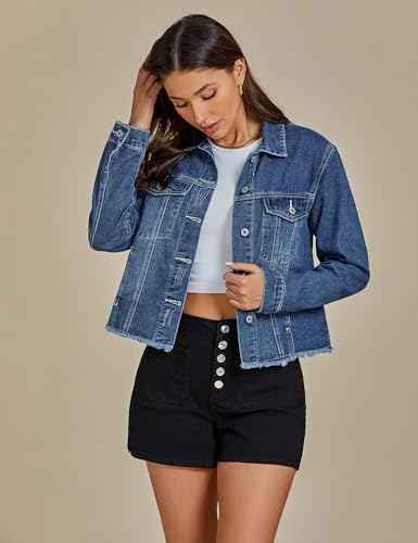 Image of luvamia Denim Jacket for Women Distressed Jean Jackets Button Up Vintage Western Trucker Jacket Frayed Hem Pockets