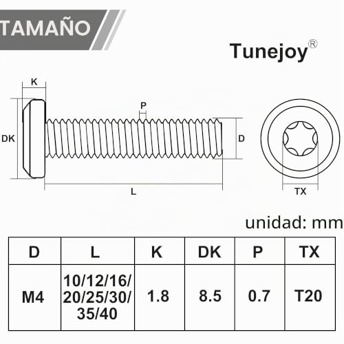 Miniatura 2 de Tunejoy 20 Piezas Tornillos De Cabeza Plana Torx M4 X 20 Mm Negro Tornillo De Cabeza Hexagonal De Acero Inoxidable A2 V2a Perno De Muebles Con T20 Llave Rosca Completa