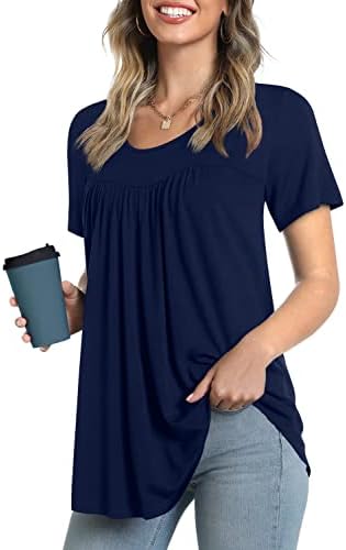 LONGYUAN Womens Tunic Casual Loose Fitting Blouse Short Sleeve Solid Flare Top Navy Blue Small