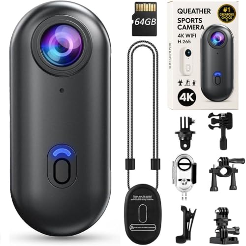 Queather POV Pro 4K Wearable Thumb Camera, Rideview POV Camera with Spring Clip, Portable Mini Body Cam for Vlogging, Helmet Cam for Motorcycle Cycling Travel Pet Walking Sports