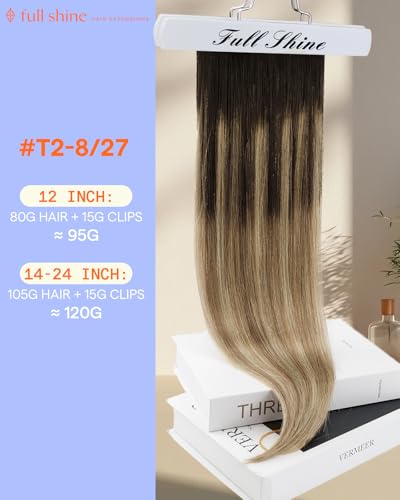 Image of Full Shine Dark Brown Balayage Clip in Extensions Real Human Hair 18 Inch | Clip on Hair Extensions for Women, Balayage Dark Brown Ombre Honey Blonde, 7 Pcs 120g