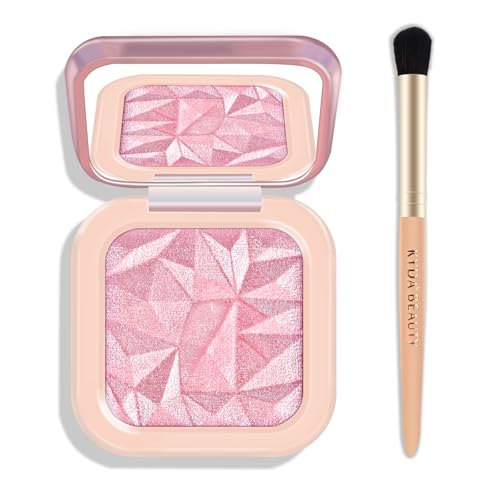 Highlighting Blush Makeup Palette, High Glossy Face Illuminator, Shimmer Smooth Baked Powder with Natural Glow Finish, Facial Glitter Lasting Sparkling Luminizers Highlighter-PINK