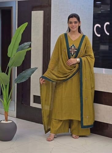 Image of ANNI Designer Kurta Sets for Women Viscose Embroidered | Kurti Set for Woman | Kurta Palazzo Dupatta Set | Straight Kurti | V Neck Full Sleeve Suit Set for Women Stylish Ethnic Outfit Clothing