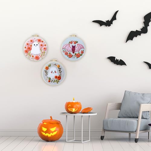 Image of LB Pink Halloween Embroidery Kit for Beginners Adults, 3 Sets Hand Embroidery Starter Kit with Ghost Pattern and Instructions Stamped Cross Stitch Kits Include Embroidery Hoop Needles Threads Scissors